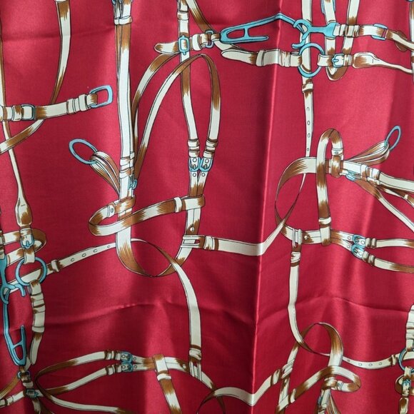 Large Scarf 34 x 35.5 In Square Horse Bits Red Black Gold White Rolled Hem - Picture 2 of 6